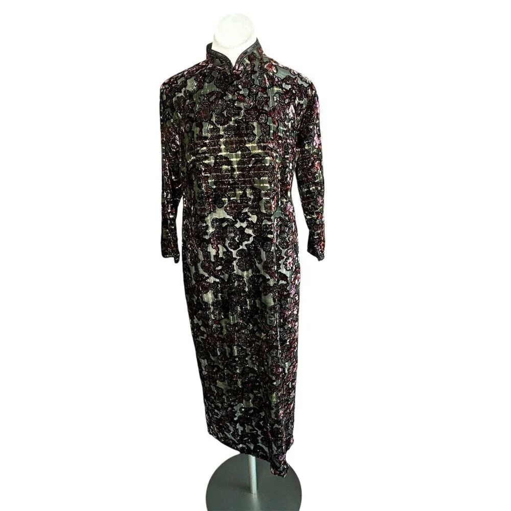 Asian Vietnamese Black Velvet Burnout Cheongsam Ao Dai Maxi Long Dress NWT